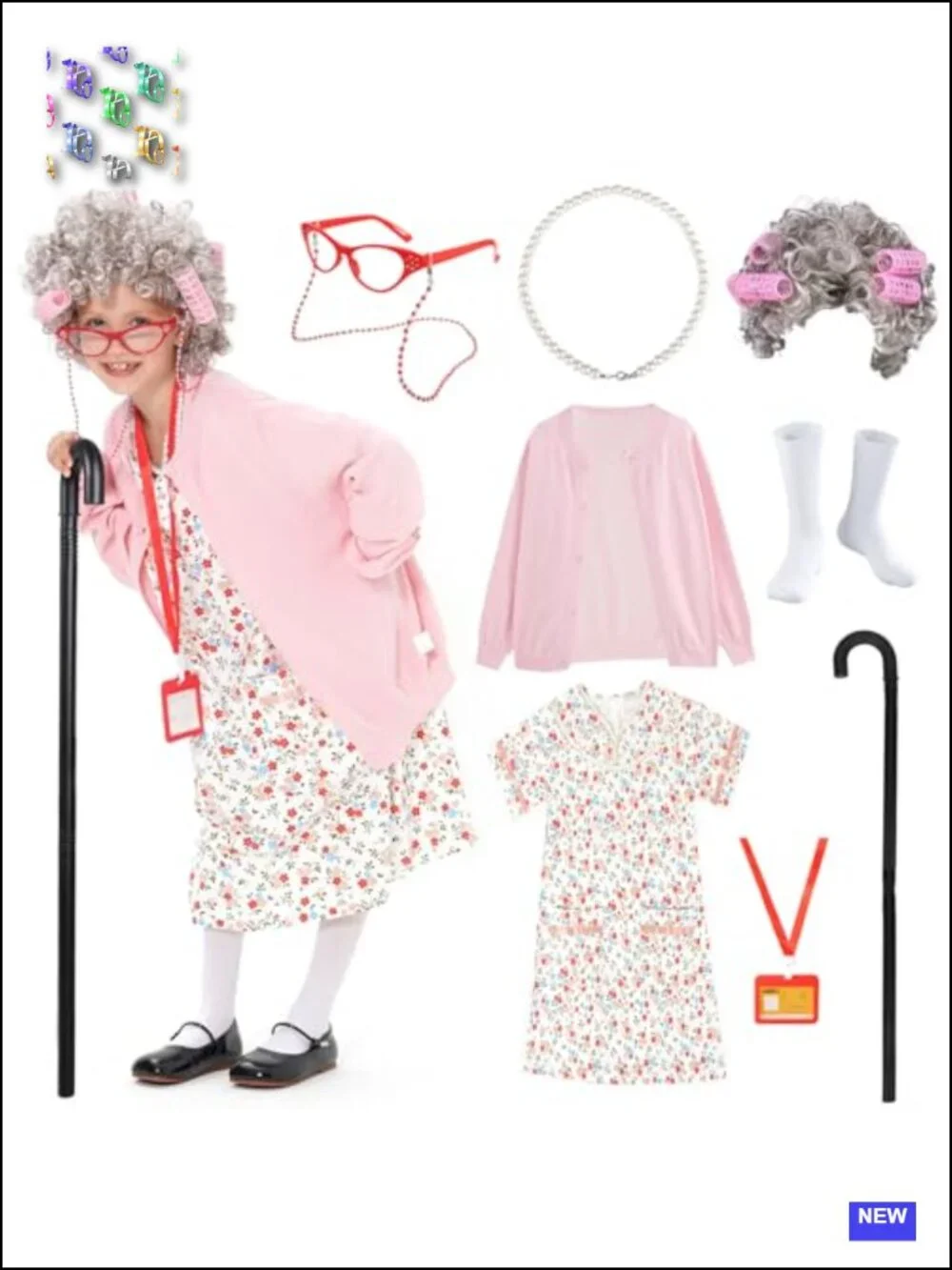 Kids Old Lady Costume 9pc Dress Up Granny Grandma 100 Days of School